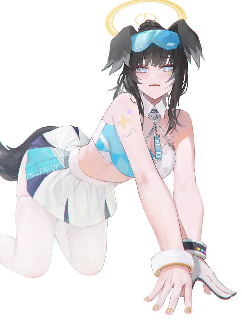 1girl absurdres all_fours alternate_legwear blue_archive cheerleader dog_tail doggystyle flippy_(cripine111) gloves greyscale halo hibiki_(blue_archive) hibiki_(cheer_squad)_(blue_archive) highres looking_at_viewer millennium_cheerleader_outfit_(blue_archive) monochrome official_alternate_costume open_mouth partially_fingerless_gloves sex_from_behind simple_background skirt solo tail thighhighs white_background white_gloves white_skirt white_thighhighs