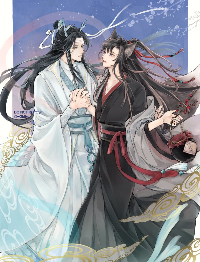 2boys ahoge animal_ears bishounen black_hair black_hanfu branch chinese_clothes closed_mouth coat coat_partially_removed dragon_boy eastern_dragon_horns eastern_dragon_tail eye_contact floating_hair flower fox_boy fox_ears fox_tail grey_coat hagoromo hair_ornament hair_ribbon half_updo hanfu headband highres holding holding_branch holding_hands holding_jar horns jar kemonomimi_mode kitsune kyuubi lan_wangji light_particles long_hair long_sleeves looking_at_another male_focus modao_zushi multiple_boys multiple_tails off_shoulder official_alternate_costume official_alternate_hairstyle open_clothes open_coat open_mouth purple_eyes red_flower red_ribbon red_sash ribbon ribboned_xiao_guan robe sash shawl sidelocks smile smoke standing tail tassel tassel_hair_ornament topknot twitter_username w2biiro watermark wei_wuxian wei_wuxian_(yiling_laozu) white_hanfu white_headband wide_sleeves xiao_guan_(headdress) yaoi yaopei yellow_eyes