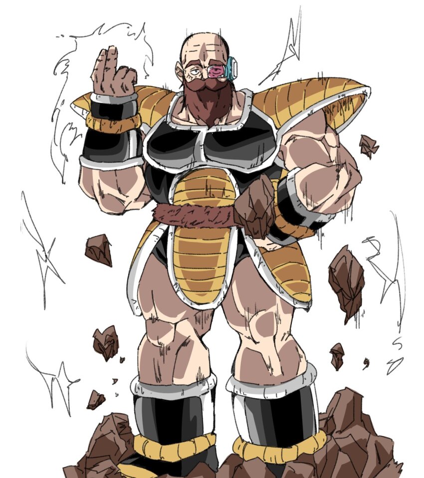 1boy bald beard brown_hair commentary_request cosplay denken_(sousou_no_frieren) dragon_ball facial_hair feet_out_of_frame hand_on_own_hip hand_up highres long_beard looking_at_viewer male_focus muscular muscular_male nappa old old_man parody perutore simple_background solo sousou_no_frieren standing white_background