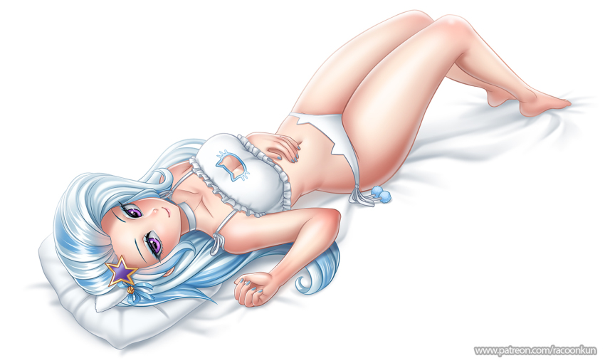 1girl bare_arms bare_legs barefoot blue_nails bra breasts cat_cutout cat_ear_panties cat_lingerie choker cinderella_bust cleavage cleavage_cutout closed_mouth clothing_cutout collarbone frilled_bra frills hair_ornament long_hair looking_at_viewer lying makeup mascara medium_breasts meme_attire my_little_pony nail_polish navel on_back panties pillow purple_eyes racoon-kun shiny_skin side-tie_panties simple_background smile solo star_(symbol) star_hair_ornament trixie_lulamoon trixie_lulamoon_(equestria_girls) underwear underwear_only very_long_hair watermark web_address white_background white_bra white_choker white_hair white_panties