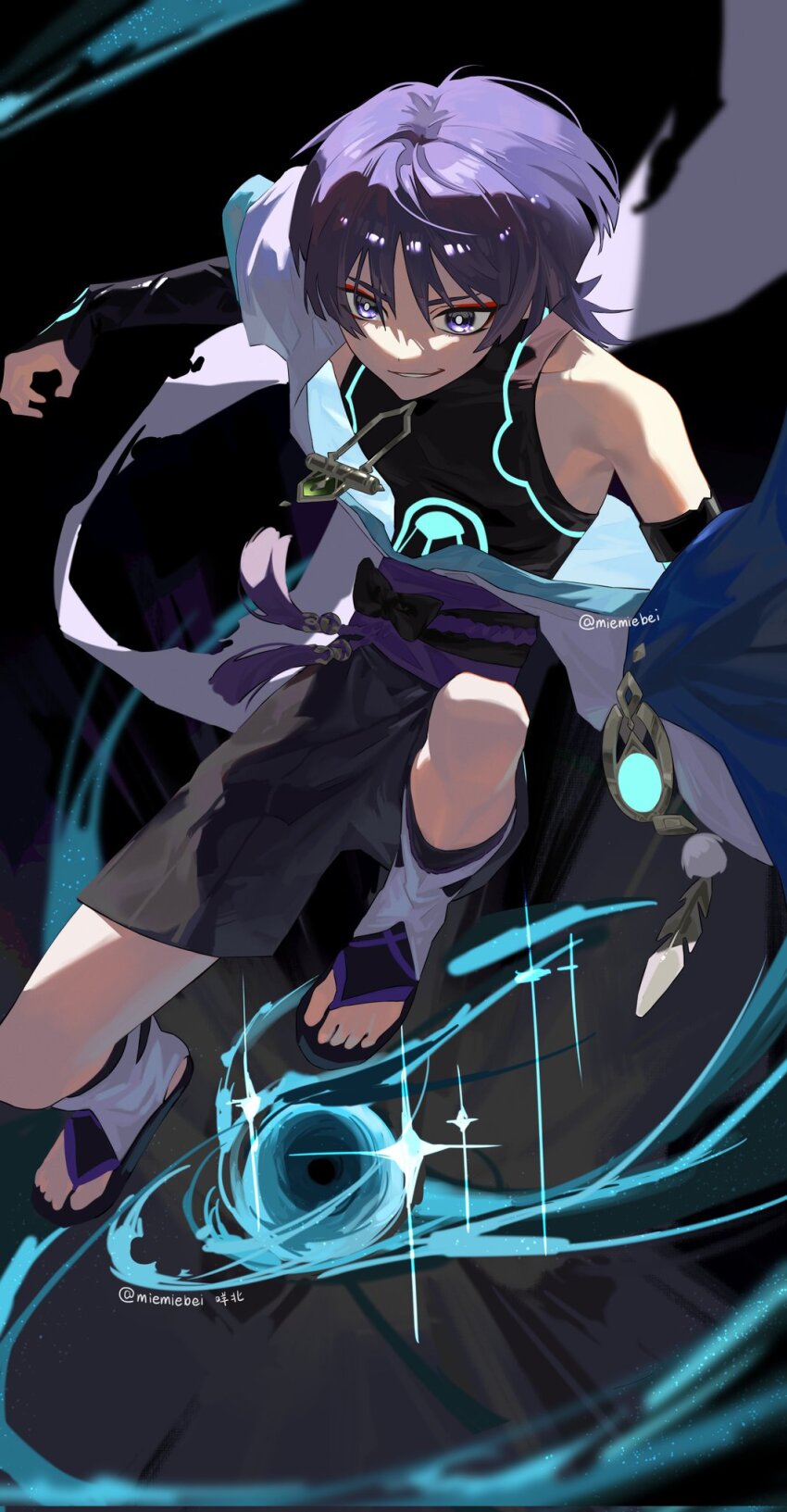1boy armor belt black_background black_belt black_bow black_bridal_gauntlets black_leggings black_sandals black_shorts blue_gemstone blue_kimono blue_sleeves blunt_ends bow bridal_gauntlets bright_pupils curled_fingers eyeliner eyeshadow feathers furisode gem genshin_impact glowing_gem glowing_markings hakama hakama_shorts han&#039;eri hand_up highres japanese_armor japanese_clothes kimono knee_up kote kurokote layered_kimono layered_sleeves leg_warmers leggings looking_past_viewer makeup male_focus miemiebei open_clothes open_kimono parted_lips pleated_shorts pom_pom_(clothes) purple_eyes purple_hair purple_rope purple_sash red_eyeliner red_eyeshadow rope sandals sash scaramouche_(genshin_impact) short_sleeves shorts sidelighting single_off_shoulder smirk solo tassel toes torn_clothes twitter_username vision_(genshin_impact) vortex wanderer_(genshin_impact) white_kimono white_leg_warmers white_mouth white_pupils white_sleeves wind wispy_bangs yellow_feathers zouri