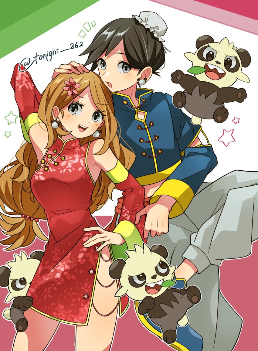 1boy 1girl black_hair blonde_hair blue_jacket blush breasts calem_(pokemon) china_dress chinese_clothes closed_mouth detached_sleeves dress earrings eyelashes gen_6_pokemon grey_eyes hat highres jacket jewelry long_hair long_sleeves looking_at_viewer nintendo open_mouth pancham pants pokemon pokemon_(creature) pokemon_xy rain_(tonight_862) red_dress serena_(pokemon) shirt short_hair smile very_long_hair
