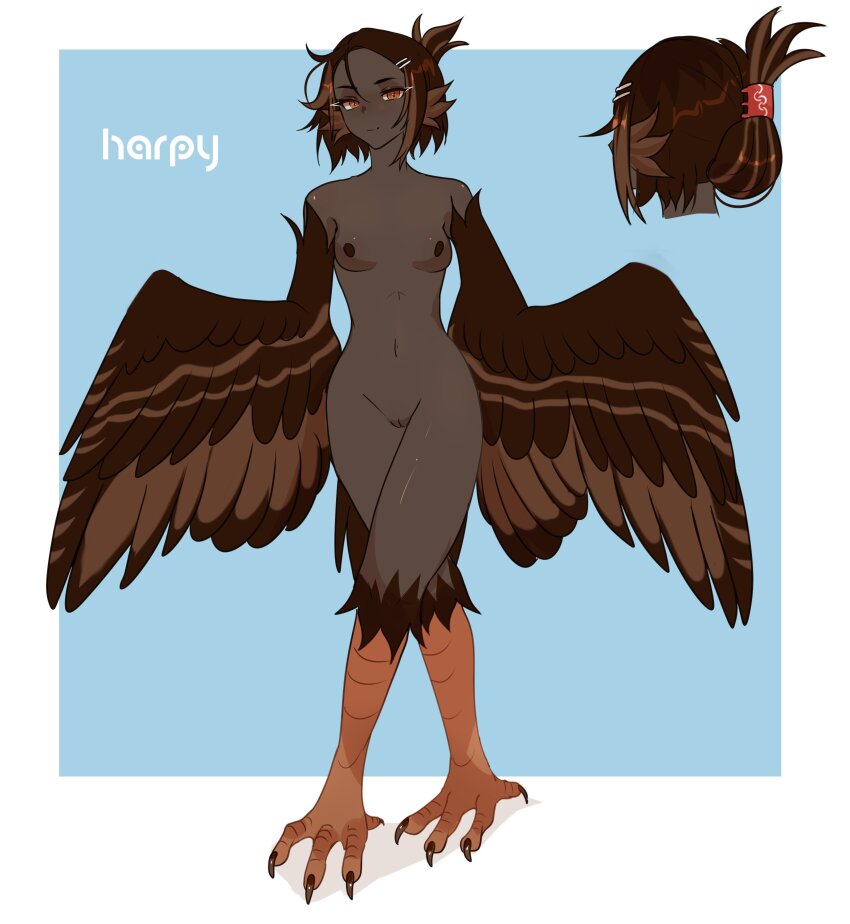 1girl absurdres animal_ears bird_ears bird_legs blue_background breasts brown_feathers brown_hair brown_wings commentary dark-skinned_female dark_nipples dark_skin english_commentary feathered_wings feathers hair_ornament hairclip highres looking_at_viewer multiple_views nipples nude orange_eyes original parted_bangs pussy small_breasts smile talons two-tone_background uncensored unreal_fish white_background winged_arms wings