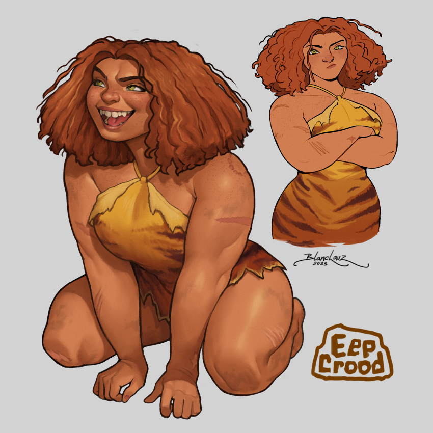 1girl absurdres all_fours animal_skin_dress bite_mark blanclauz cavewoman character_name crossed_arms dirty eep_crood freckles green_eyes grey_background highres kneeling long_hair messy_hair multiple_views open_mouth orange_hair scar signature simple_background teeth the_croods