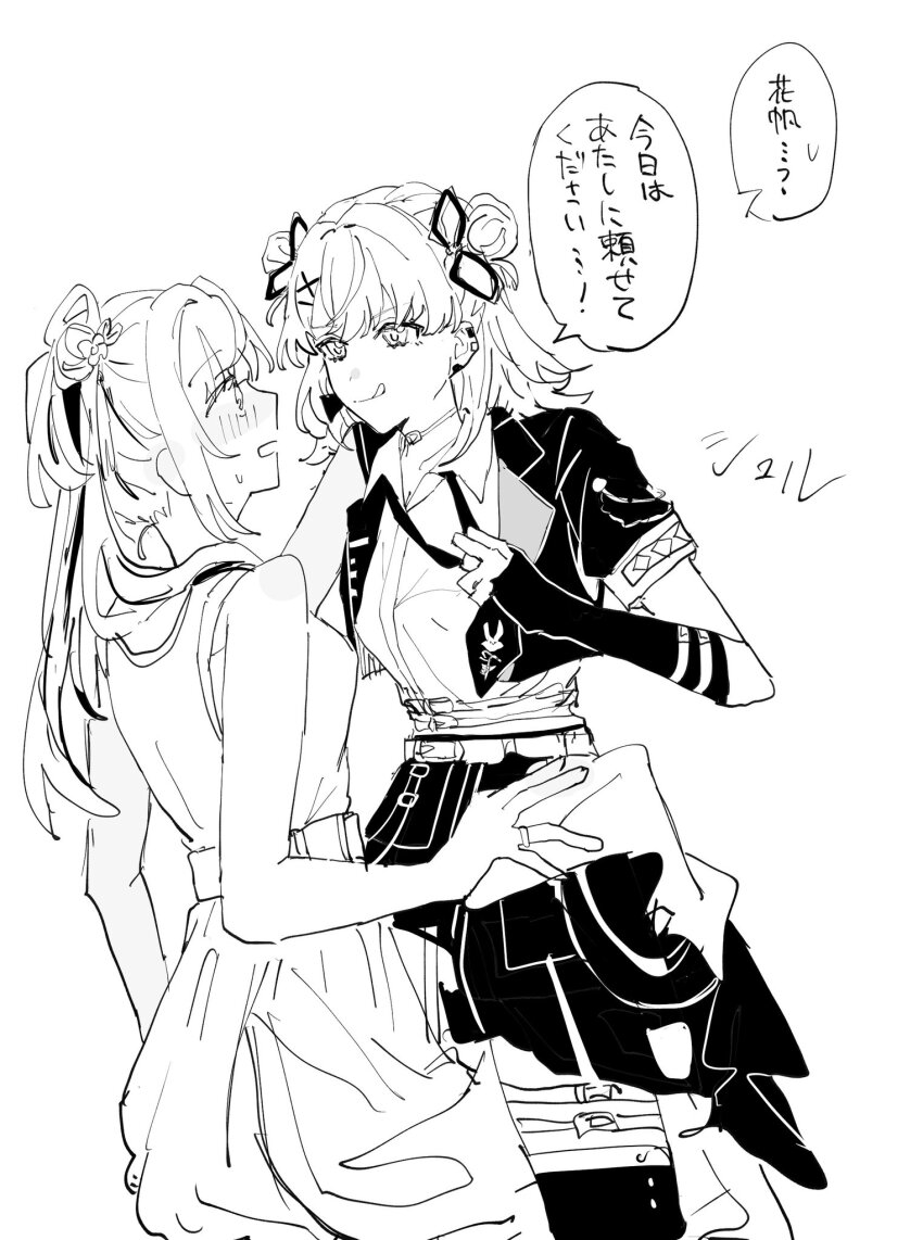 2girls :q alternate_costume bare_shoulders belt blush bow breasts cerise_bouquet closed_mouth collared_shirt commentary double_bun dress dress_shirt eye_contact flower greyscale hair_bow hair_bun hair_flower hair_ornament hair_over_shoulder high_contrast highres hinoshita_kaho jacket link!_like!_love_live! long_hair looking_at_another love_live! medium_breasts medium_hair miniskirt monochrome multiple_girls necktie official_alternate_costume official_alternate_hairstyle open_mouth otomune_kozue shirt short-sleeved_jacket short_sleeves side_ponytail single_side_bun single_sleeve skirt sleeveless sleeveless_dress smile speech_bubble straddling thigh_strap thighhighs tongue tongue_out translation_request undoing_own_necktie undressing upright_straddle virtual_youtuber x_hair_ornament yuri zuisetsu