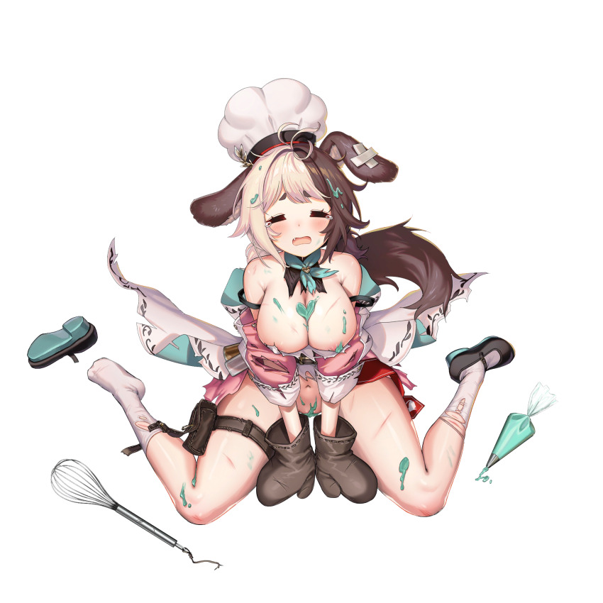1girl animal_ear_fluff animal_ears ankle_socks apron areola_slip back_bow bandaid_on_ear bare_shoulders belt black_belt black_shoes blush bow breasts brown_hair chef_hat chocolate chocolate_on_body chocolate_on_breasts chocolate_on_head chocolate_on_legs chocolate_on_pussy closed_eyes convenient_censoring crossed_bandaids cuts dispenser dog_ears dog_girl dog_tail dress fang food_on_body full_body green_neckerchief grey_hair hachiko_of_castling hat heart highres huge_bow injury large_breasts last_origin low_twintails mary_janes mel_(dodosae) mint mint_chocolate_(razschi) multicolored_hair navel neckerchief off-shoulder_dress off_shoulder official_alternate_costume official_art open_mouth oven_mitts partially_visible_vulva pastry_bag pink_dress pouch puffy_sleeves shoes short_twintails sidelocks simple_background single_shoe sitting socks solo spice split-color_hair tachi-e tail tearing_up thick_thighs thigh_belt thigh_pouch thigh_strap thighs third-party_source tongue torn_apron torn_bow torn_clothes torn_dress torn_neckerchief torn_sleeves torn_socks transparent_background twintails two-tone_hair unworn_shoes valentine wariza whisk white_apron white_bow white_hat white_socks