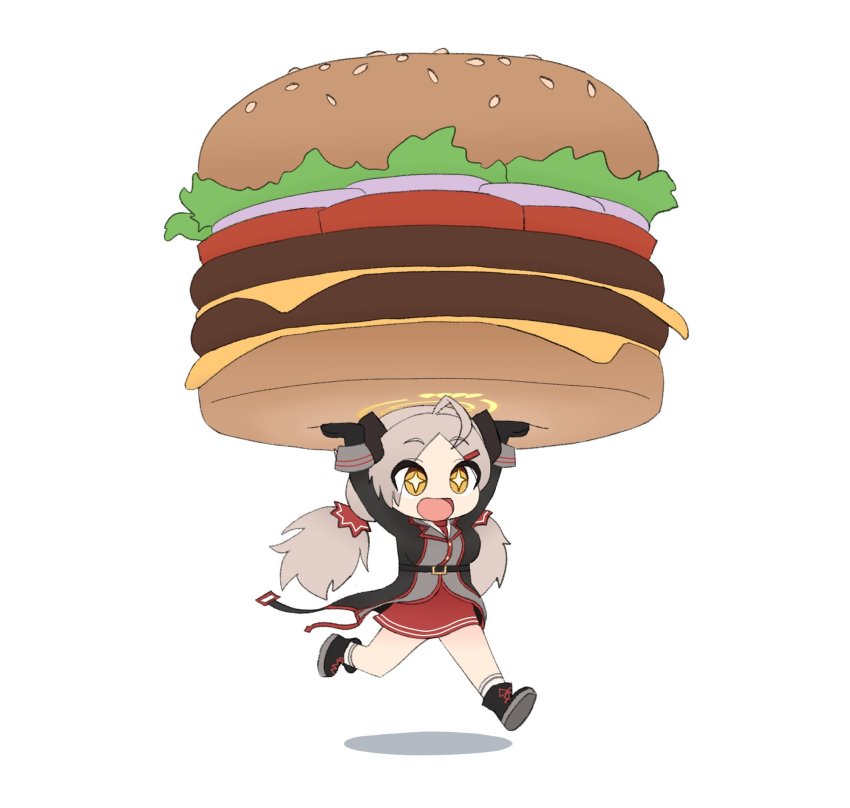 +_+ 1girl ahoge arms_up belt black_gloves black_jacket blue_archive boots breasts brown_hair burger chibi food gloves highres izumi_(blue_archive) jacket kutsusama long_sleeves low_twintails medium_breasts mini_person minigirl open_mouth running simple_background smile socks solo twintails white_background white_socks