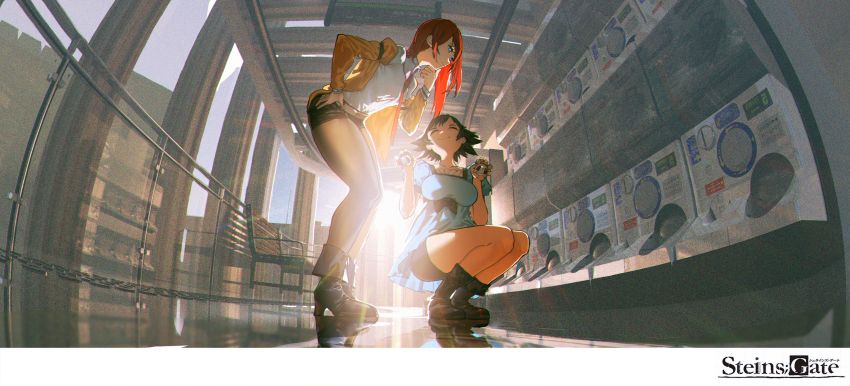 2girls aqua_dress black_footwear black_hair black_shorts ultraviolet_light boots brown_jacket brown_pantyhose chromatic_aberration commentary_request copyright_logo copyright_name dress facing_another fisheye hand_on_own_chin hand_on_own_hip high_heels highres holding holding_toy indoors jacket leaning_forward long_hair makise_kurisu metal_upa multiple_girls necktie open_clothes open_jacket pantyhose pantyhose_under_shorts red_hair red_necktie shiina_mayuri shirt short_shorts shorts squatting steins;gate toy very_long_hair white_shirt xiaoqiang_kuai_xingxing_buneng_zai_wan_le