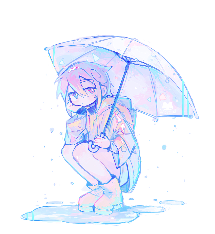 1boy absurdres blue_eyes boots bored commentary_request expressionless full_body hand_on_own_chin head_rest highres holding holding_umbrella jitome male_focus original pink_eyes pink_hair puddle rain raincoat raito-kun_(uenomigi) rubber_boots solo squatting transparent transparent_umbrella uenomigi umbrella white_background white_umbrella