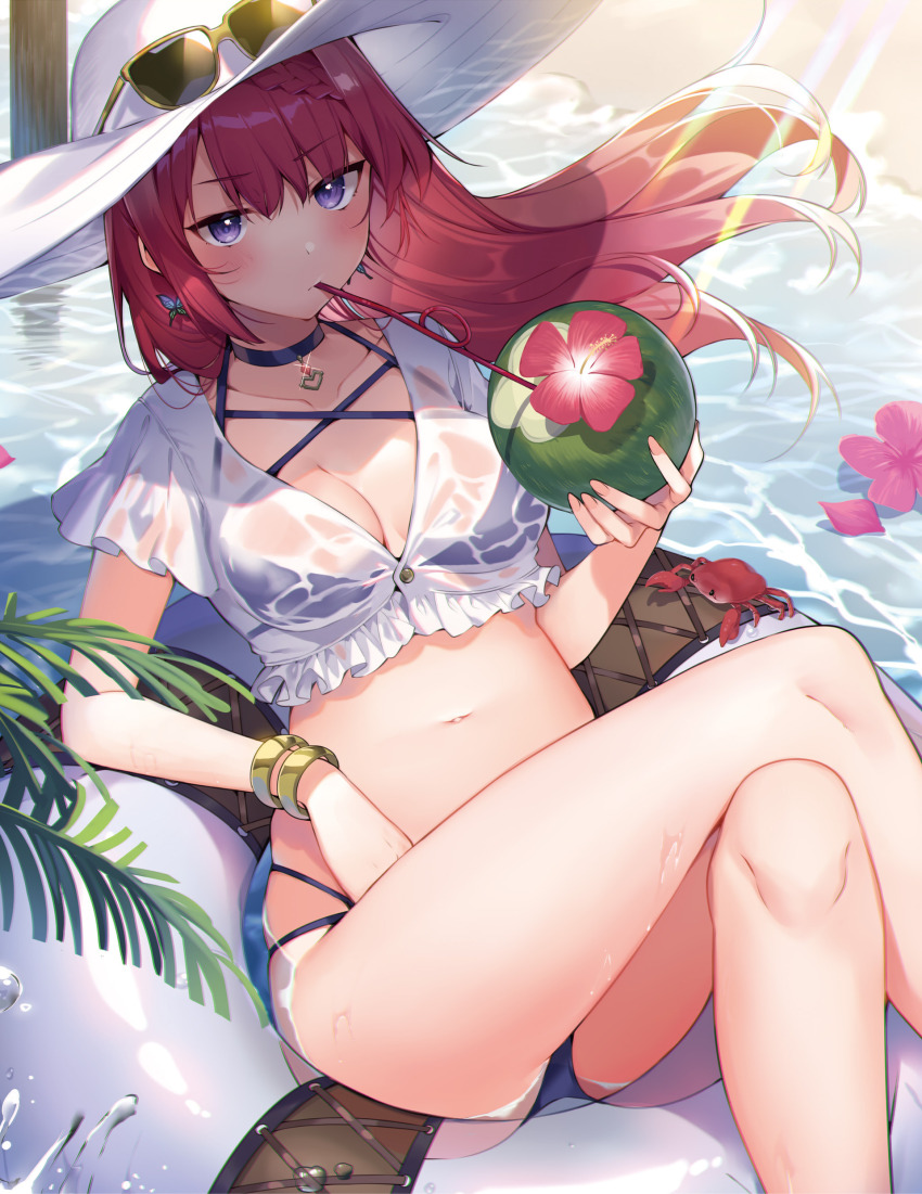 absurdres artbook bikini blue_bikini blush bracelet breasts choker coconut_cup collarbone crab cropped_shirt crossed_legs drinking_straw drinking_straw_in_mouth eve_ignite eyewear_on_headwear feet_out_of_frame hat highres jewelry long_hair medium_breasts mishima_kurone navel purple_eyes red_eyes rokudenashi_majutsu_koushi_to_akashic_record shirt short_sleeves sitting sun_hat sunglasses swimsuit water wet wet_clothes wet_shirt white_hat white_innertube white_shirt yellow-framed_eyewear