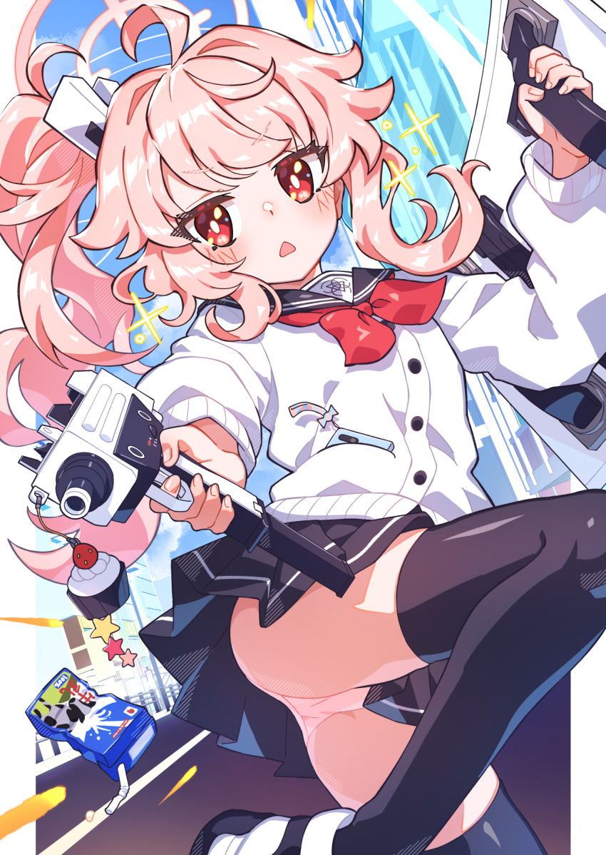 ahoge aiming aiming_at_viewer black_skirt black_thighhighs blue_archive city dual_wielding dynamic_pose fuji_tarawi gun halo highres holding holding_gun holding_weapon mac-10/11 natsu_(blue_archive) panties pantyshot pink_hair ponytail red_eyes school_uniform serafuku skirt submachine_gun sweater thighhighs thighs underwear weapon white_panties white_sweater zettai_ryouiki