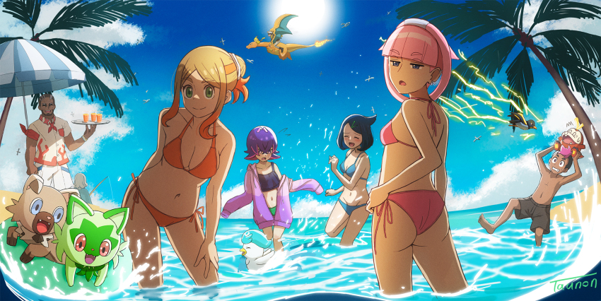 4boys 4girls alternate_costume ass beach_umbrella bikini blonde_hair blunt_bangs breasts charizard cleavage closed_mouth commentary_request dark-skinned_female dark_skin day dot_(pokemon) flying_sweatdrops friede_(pokemon) fuecoco gen_1_pokemon gen_7_pokemon green_eyes highres holding holding_pokemon holding_tray innertube leaning liko_(pokemon) looking_at_viewer looking_to_the_side ludlow_(pokemon) medium_breasts mollie_(pokemon) multiple_boys multiple_girls murdock_(pokemon) navel nintendo orla_(pokemon) outdoors palm_tree parted_bangs pikachu pink_hair pokemon pokemon_(anime) pokemon_(creature) pokemon_horizons quaxly riding riding_pokemon rockruff roy_(pokemon) sand side-tie_bikini_bottom sky small_breasts smile sprigatito standing sun swim_ring swimsuit tau_(tau_1111) tray tree umbrella wading water