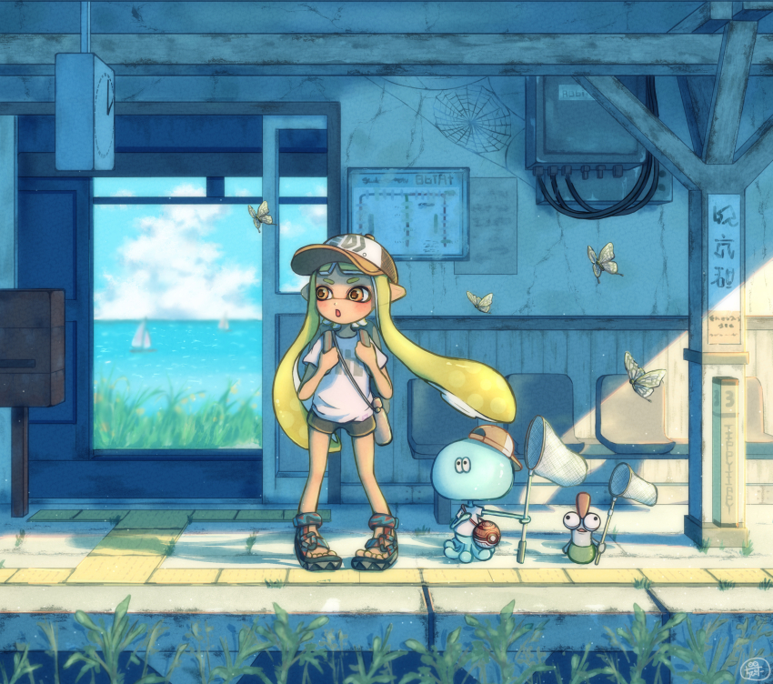 1girl :o absurdres analog_clock backpack backwards_hat bag baseball_cap black_footwear black_shorts blonde_hair blue_sky blurry blurry_background blush boat bottle brown_bag bug butterfly butterfly_net cable chair clock cloud commentary_request day floating_hair grass hand_net hands_up hat highres holding holding_butterfly_net horizon inkling inkling_girl inkling_player_character insect jellyfish_(splatoon) long_hair mohawk moromi_(kscd4482) multicolored_headwear nintendo ocean open_mouth outdoors paper plant pointy_ears poke_ball_symbol red_hair sailboat sandals scenery shirt short_eyebrows short_shorts short_sleeves shorts shoulder_bag sidelocks sign silk sky sliding_doors smallfry_(splatoon) spider_web splatoon_(series) sports_sandals standing stone_floor t-shirt tentacle_hair toes train_station v-shaped_eyebrows very_long_hair water water_bottle watercraft white_shirt window yellow_eyes