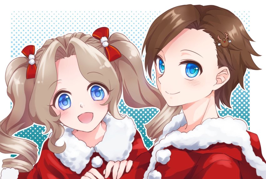 1boy 1girl :d asymmetrical_bangs blue_background blue_eyes brother_and_sister brown_hair capelet christmas commentary drill_hair fur-trimmed_capelet fur-trimmed_jacket fur_trim genderswap genderswap_(ftm) genderswap_(mtf) hair_intakes hair_ornament hair_ribbon highres jacket katarina_claes keith_claes light_blush looking_at_viewer medium_hair open_mouth otome_game_no_hametsu_flag_shika_nai_akuyaku_reijou_ni_tensei_shite_shimatta outline polka_dot polka_dot_background red_capelet red_jacket red_ribbon reindeer_hair_ornament ribbon santa_costume short_hair siblings side-by-side smile step-siblings twin_drills twintails uika310p white_outline