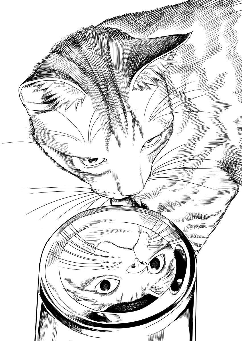 absurdres animal animal_focus can cat commentary_request drink_can greyscale highres korean_commentary looking_at_reflection monochrome no_humans original reflection sat0_manga simple_background soda_can striped_fur tabby_cat whiskers white_background