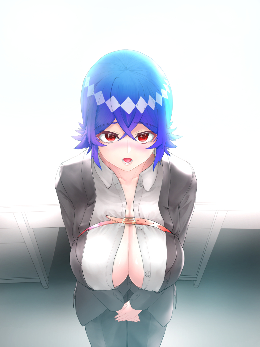 1girl blue_hair breasts clothes female_focus highres huge_breasts kinou_shia looking_at_viewer medium_hair meikyuu_black_company pt red_hair sitting solo