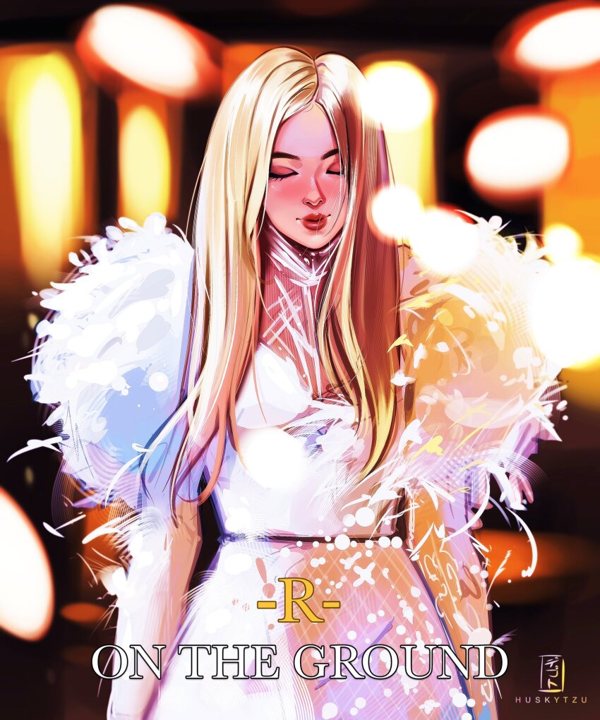 1girl blackpink blonde_hair blush closed_eyes closed_mouth cowboy_shot eyeshadow highres husky_tzu k-pop long_hair makeup real_life red_lips rose_(blackpink) solo song_name
