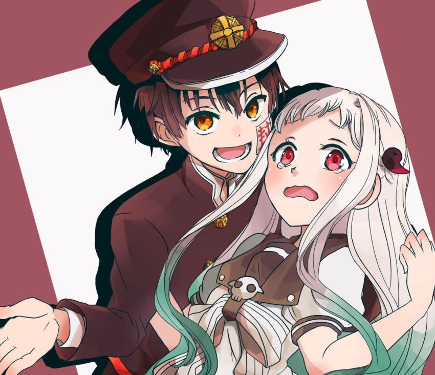1boy 1girl black_hair gakuran gakuseibou gradient_hair hair_ornament hanako_(jibaku_shounen_hanako-kun) hat jibaku_shounen_hanako-kun kamome_gakuen_school_uniform long_hair long_sleeves lower_teeth_only magatama magatama_hair_ornament mirai_(rs-729201204113-lg) multicolored_hair ofuda open_mouth peaked_cap red_background red_eyes school_uniform serafuku short_hair short_sleeves tears teeth wavy_mouth white_hair yashiro_nene yellow_eyes