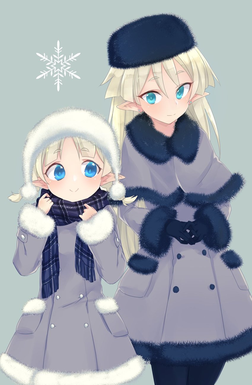 2girls blonde_hair blue_eyes blush braid coat elf female_focus hat highres juno_bernal kris_bernal kyuuri_(miyako) long_hair multiple_girls pointy_ears pop-up_story scarf siblings sisters smile snowflakes twin_braids