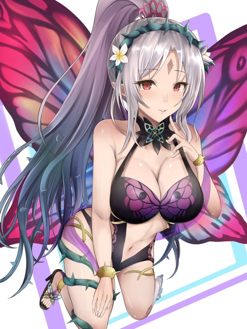 1girl animal_print black_one-piece_swimsuit breasts butterfly_print butterfly_wings casual_one-piece_swimsuit cleavage crown_of_thorns diamond_facial_mark facial_mark fairy_wings fire_emblem fire_emblem_heroes flower flower_necklace forehead_mark grey_hair hair_flower hair_ornament high_heel_sandals highres insect_wings jewelry large_breasts long_hair navel necklace nenemu0 nintendo official_alternate_costume one-piece_swimsuit plumeria_(fire_emblem) plumeria_(summer)_(fire_emblem) pointy_ears ponytail red_eyes sandals swimsuit thorns wings
