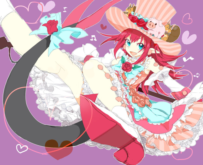 1girl bare_shoulders bow detached_sleeves dress earrings elizabeth_bathory_(fate) elizabeth_bathory_(third_ascension)_(fate) fate/grand_order fate_(series) frilled_dress frills hat jewelry kihiro long_hair looking_at_viewer open_mouth pointy_ears sidelocks smile solo tail tail_bow tail_ornament top_hat