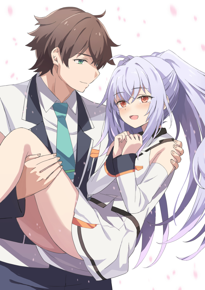 1boy 1girl aqua_necktie brown_hair carrying closed_mouth commentary_request detached_sleeves green_eyes grey_jacket hetero highres isla_(plastic_memories) jacket long_hair mizugaki_tsukasa necktie open_mouth orange_eyes plastic_memories ponytail princess_carry purple_hair rasahan shirt short_hair skirt smile white_background white_shirt white_skirt white_sleeves