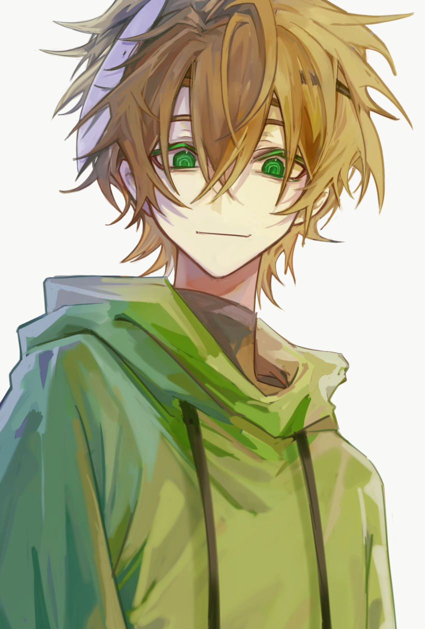 1boy asouhyn bishounen blonde_hair chinese_commentary commentary_request dream_(youtuber) green_eyes green_hoodie hair_between_eyes highres hood hood_down hoodie male_focus mask mask_on_head minecraft_youtube ringed_eyes short_hair simple_background smile smiley_face solo unworn_mask upper_body