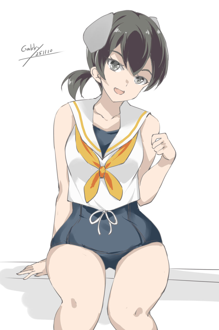 1girl artist_name black_hair black_one-piece_swimsuit breasts cowboy_shot dated gakky highres i-41_(kancolle) kantai_collection looking_at_viewer low_ponytail neckerchief one-hour_drawing_challenge one-piece_swimsuit open_mouth orange_neckerchief ponytail sailor_collar sailor_shirt school_swimsuit shirt sitting sleeveless sleeveless_shirt small_breasts solo swimsuit swimsuit_under_clothes white_sailor_collar