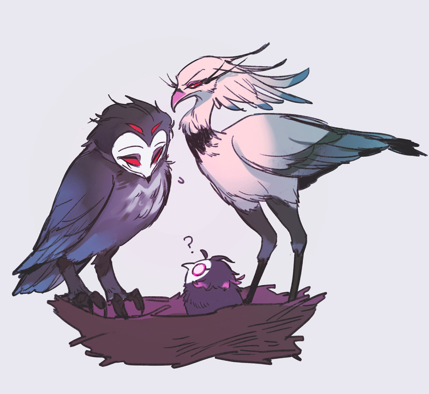 animalization bird colored_sclera extra_eyes family helluva_boss nest octavia_(helluva_boss) pink_sclera red_eyes stella_(helluva_boss) stolas_(helluva_boss) white_eyes wraith615