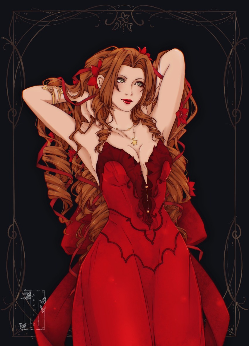 1girl aerith_gainsborough aerith_gainsborough_(red_dress) armlet armpits arms_behind_back back_bow black_background bow breasts brown_hair cleavage cowboy_shot dress final_fantasy final_fantasy_vii final_fantasy_vii_remake flamenco_dress flower green_eyes hair_flower hair_ornament hair_ribbon hand_in_own_hair highres jewelry long_dress long_hair medium_breasts necklace official_alternate_costume parted_bangs plunging_neckline red_dress red_flower red_lips red_ribbon ribbon ringlets shanlieart sideboob sidelocks smile solo star_(symbol) star_necklace strapless strapless_dress