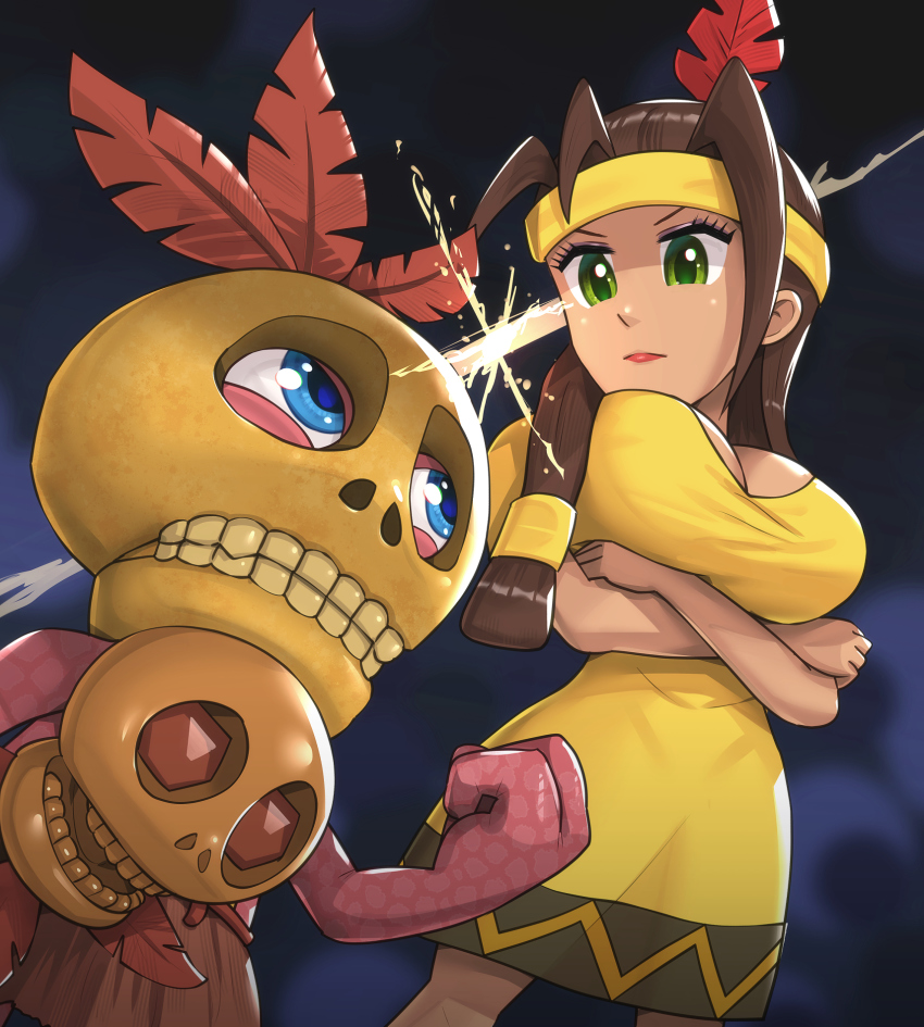 1boy 1girl banjo-kazooie blue_eyes breasts brown_hair crossed_arms dress gonzarez green_eyes highres humba_wumba_(banjo-kazooie) indian_clothes large_breasts mumbo_jumbo_(banjo-kazooie) native_american rareware rivalry skull skull_head staff
