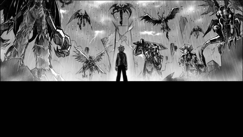 armor darcmon debris devidramon devimon digimon dragon highres knightmon looking_at_another mask motomiya_daisuke rain saberdramon skull skullsatamon tail triceramon venomvamdemon wings