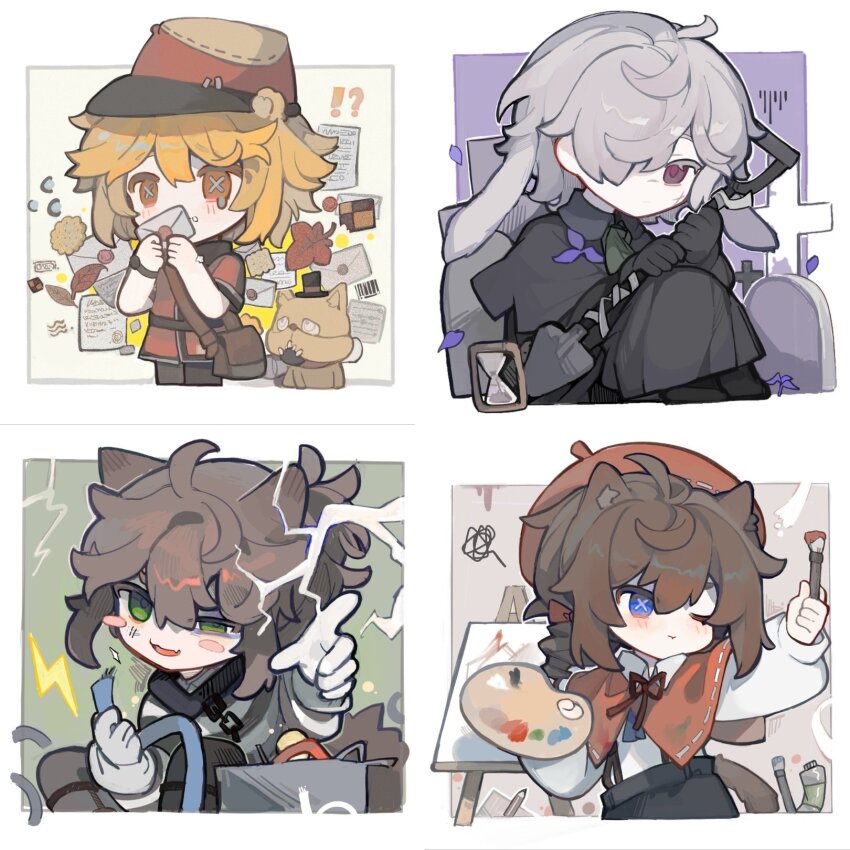 !? 4boys :t ahoge andrew_kreiss animal_ears art_brush bag beret black_capelet black_coat black_footwear black_gloves black_headwear black_pants blonde_hair blush border bow brown_bag brown_hair canvas_(object) capelet cat_ears cat_tail chain checkerboard_cookie chibi chinese_commentary closed_mouth coat collared_shirt colored_eyelashes commentary_request cookie covering_own_mouth cross cross_scar crying crying_with_eyes_open dog drill_hair drill_ponytail edgar_valden electricity envelope expressionless facial_scar falling_petals fang flower flying_sweatdrops food gloves grave graveyard green_background green_eyes green_neckerchief grey_background grey_hair grey_shirt hair_between_eyes hair_bow hair_over_one_eye half-closed_eye hat highres holding holding_envelope holding_letter holding_paint_palette holding_paintbrush holding_paint_palette holding_shovel hourglass identity_v iris_(flower) knees_up leaf letter lightning lightning_bolt_symbol long_coat long_sleeves lop_rabbit_ears luca_balsa male_focus maple_leaf medium_hair messy_hair multicolored_background multicolored_shirt multiple_boys neck_ribbon neckerchief one_eye_closed open_mouth orange_eyes outside_border paint_palette paint_tube paintbrush paint_palette pants paper pencil petals pointing pointing_at_viewer ponytail purple_background purple_flower rabbit_ears red_bow red_capelet red_eyes red_headwear red_ribbon red_shirt ribbon satchel scar scar_on_cheek scar_on_face scar_on_nose shirt short_hair short_sleeves shoulder_bag shovel simple_background single_tear sitting skin_fang smile sparks squiggle stitched_mouth stitches striped_clothes striped_shirt suspenders symbol-shaped_pupils tail tears tombstone top_hat victor_grantz wax_seal white_background white_border white_gloves white_shirt wick_(identity_v) wire x-shaped_pupils zao_li_(alilililioxo)