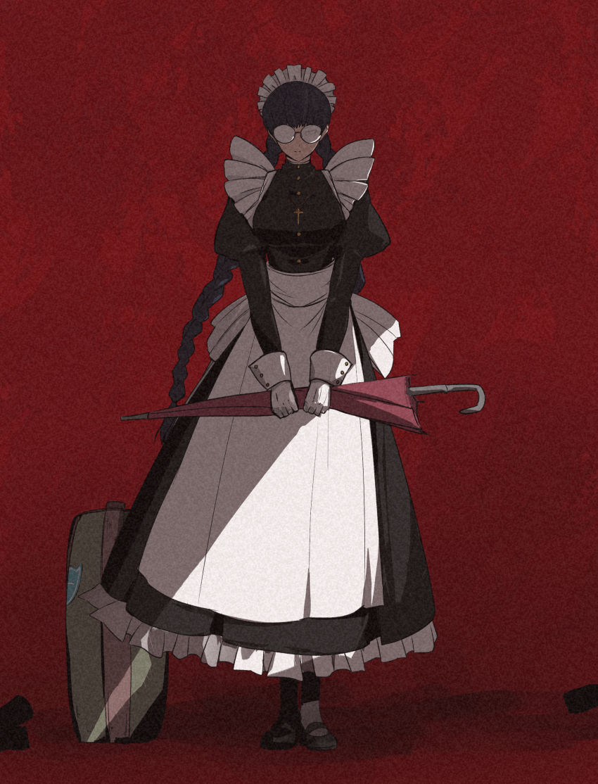 absurdres apron black_dress black_hair black_lagoon braid closed_umbrella commentary_request dress full_body glasses highres holding holding_umbrella juliet_sleeves long_sleeves maid mary_janes puffy_sleeves red_background roberta_(black_lagoon) round_eyewear sankon_(choko-noki) shoes twin_braids umbrella white_apron