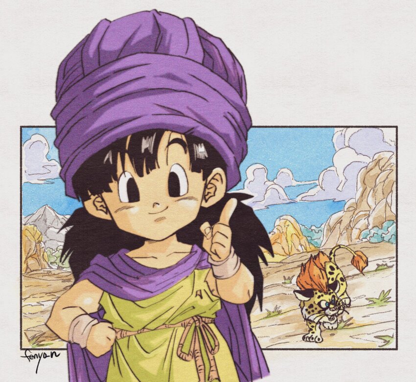 1boy 1other aged_down black_eyes black_hair blue_eyes blue_sky blunt_bangs borongo bracelet cape child cloud dragon_quest dragon_quest_v fenyon great_sabrecub green_tunic hand_on_own_hip hero_(dq5) highres index_finger_raised jewelry long_hair looking_at_viewer male_focus outdoors purple_cape purple_turban sky smile spotted_fur torn_clothes torn_tunic tunic turban