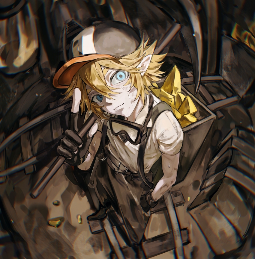 1boy absurdres aotu_world baseball_cap belt belt_buckle black_gloves black_pants black_shoes blonde_hair blue_eyes buckle chest_harness chinese_commentary closed_mouth commentary_request dirt dirty dirty_clothes dirty_face double-parted_bangs gloves goggles goggles_around_neck gold hair_between_eyes harness hat highres holding holding_pickaxe junge914 king_(aotu_world) light_smile looking_to_the_side male_focus minecart pants pickaxe pointy_ears railroad_tracks shirt shoes short_sleeves sideways_glance solo standing t-shirt white_shirt
