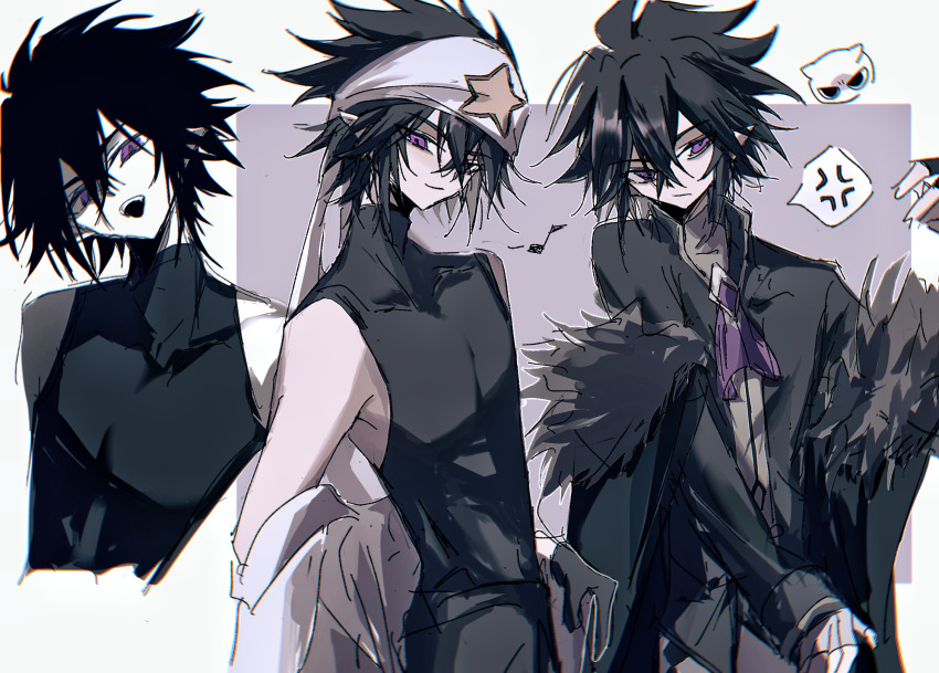 1boy 2059700477 anger_vein aotu_world bandana bare_shoulders black_coat black_hair black_shirt chinese_commentary closed_mouth clothes_down coat fang fingerless_gloves fur-trimmed_coat fur_trim gloves hair_between_eyes headband highres jacket jacket_partially_removed long_sleeves looking_at_viewer male_focus multiple_views musical_note off_shoulder official_alternate_costume open_mouth pointy_ears purple_eyes ray_(aotu_world) shirt short_hair skin_tight sleeveless sleeveless_shirt smile spoken_anger_vein star_(symbol) star_print teeth turtleneck white_headband white_jacket