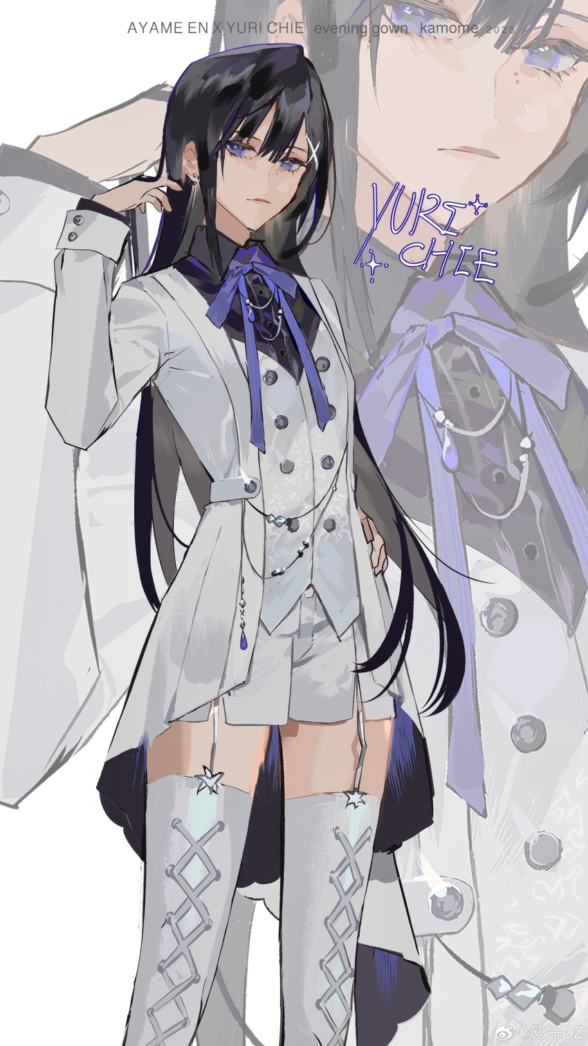 1girl absurdres black_hair black_shirt bow bowtie buttons closed_mouth coat coattails collared_shirt cowboy_shot cross-laced_clothes cross-laced_legwear earrings expressionless eyelashes formal_clothes hair_ornament hairclip hand_on_own_hip hand_up highres jewelry layered_sleeves light_frown long_hair long_sleeves looking_at_viewer miniskirt open_clothes open_coat original ouge_dz pleated_skirt purple_bow purple_bowtie purple_eyes ribbed_thighhighs shirt skirt sleeve_cuffs solo standing straight_hair stud_earrings thighhighs very_long_hair vest watermark weibo_watermark white_background white_coat white_skirt white_thighhighs white_vest x_hair_ornament yuri_chie_(ouge_dz) zoom_layer