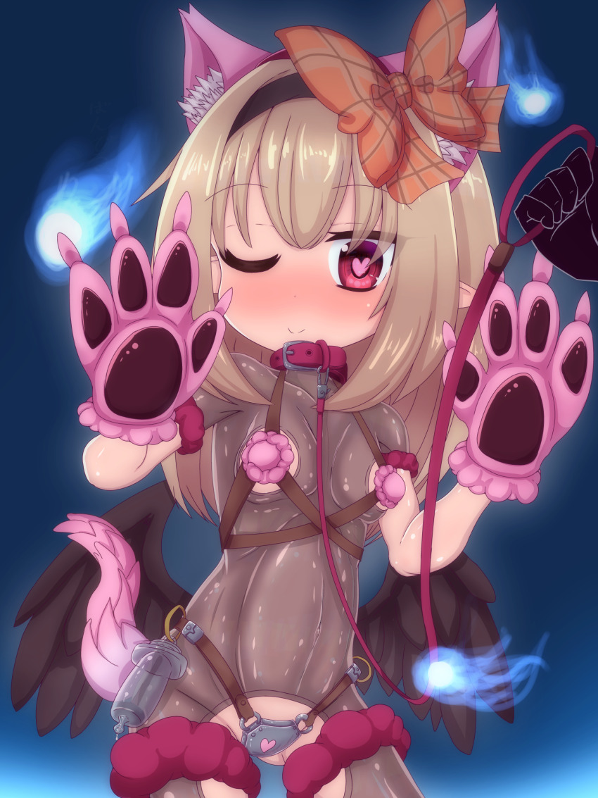 1boy 1girl animal_collar animal_hair_ornament animal_hands belt black_hairband black_wings blush bodysuit breasts checkered_ribbon collar covered_erect_nipples dark_feather_alma emil_chronicle_online fake_tail fireball gloves hair_ribbon hairband heart heart-shaped_pupils highres leash loli multiple_belts nose_blush one_eye_closed paw_gloves pointy_ears ribbon rna0 see-through_bodysuit see-through_clothes small_breasts symbol-shaped_pupils tail wings