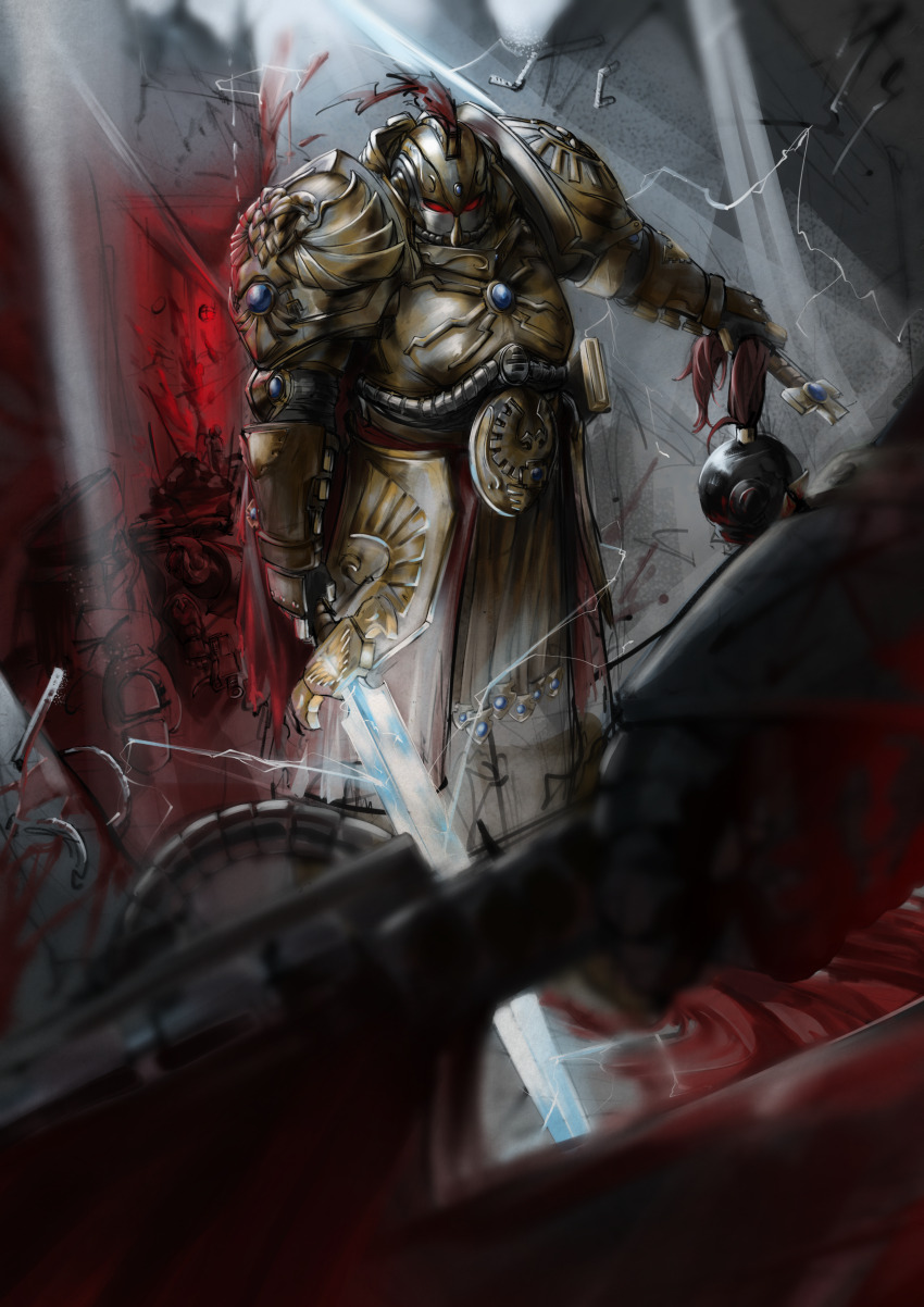 absurdres adeptus_custodes armor axe battle blurry blurry_foreground danch331 full_armor gauntlets helmet highres holding holding_detached_head holding_sword holding_weapon pauldrons plume power_armor power_sword red_eyes shoulder_armor solo_focus sword warhammer_40k weapon