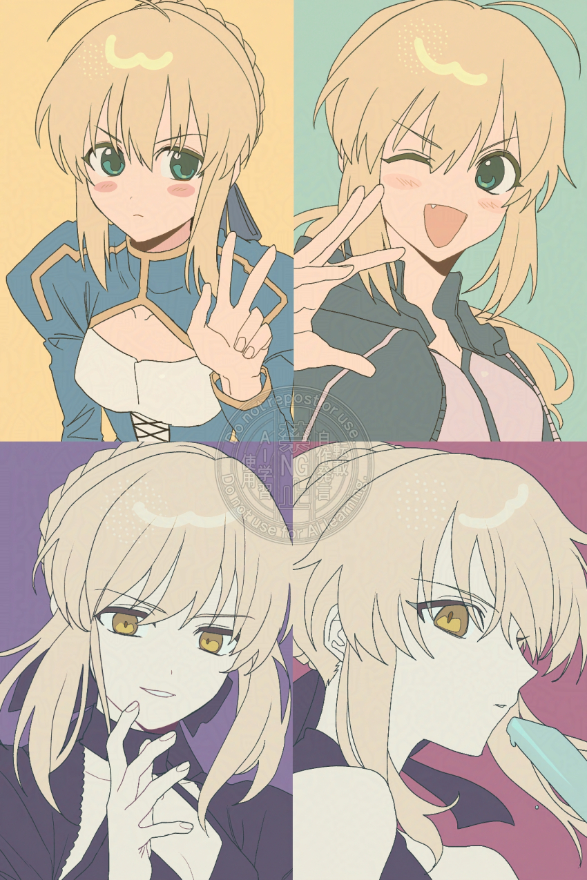0304rong0304 4girls ahoge artoria_pendragon_(fate) artoria_pendragon_(swimsuit_archer)_(fate) artoria_pendragon_(swimsuit_archer)_(second_ascension)_(fate) black_hoodie blonde_hair braid breasts cleavage cleavage_cutout clothing_cutout commentary_request fang fate/grand_order fate_(series) food green_eyes highres hood hoodie korean_commentary medium_breasts multiple_girls one_eye_closed pale_skin popsicle saber_(fate) saber_alter saber_alter_(swimsuit_rider)_(second_ascension) saber_alter_(third_ascension) small_breasts v-shaped_eyebrows w watermark yellow_eyes