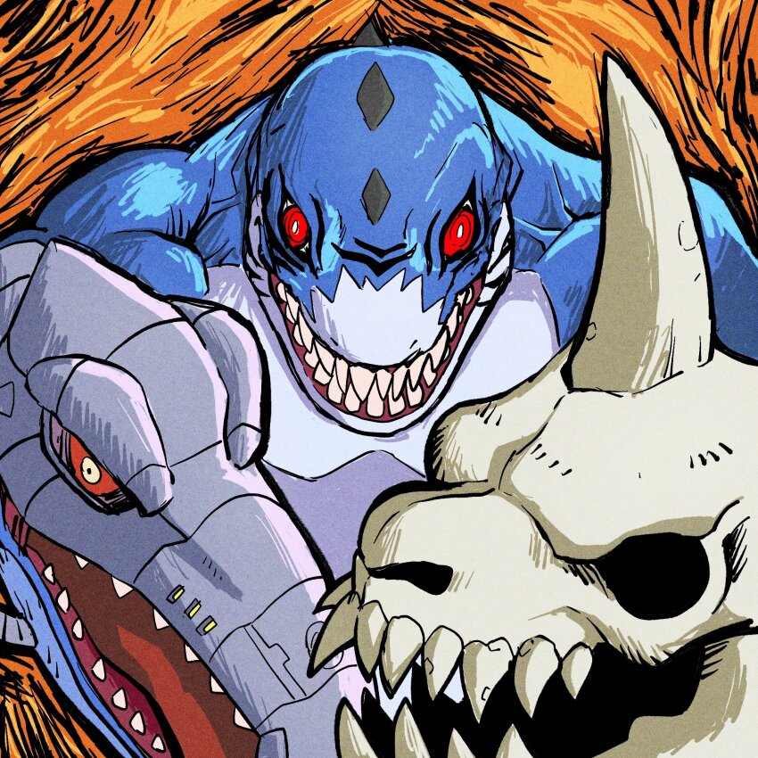 blue_scales deltamon digimon digimon_(creature) highres multiple_heads no_humans onigyrii red_eyes sharp_teeth skeleton solo teeth upper_body