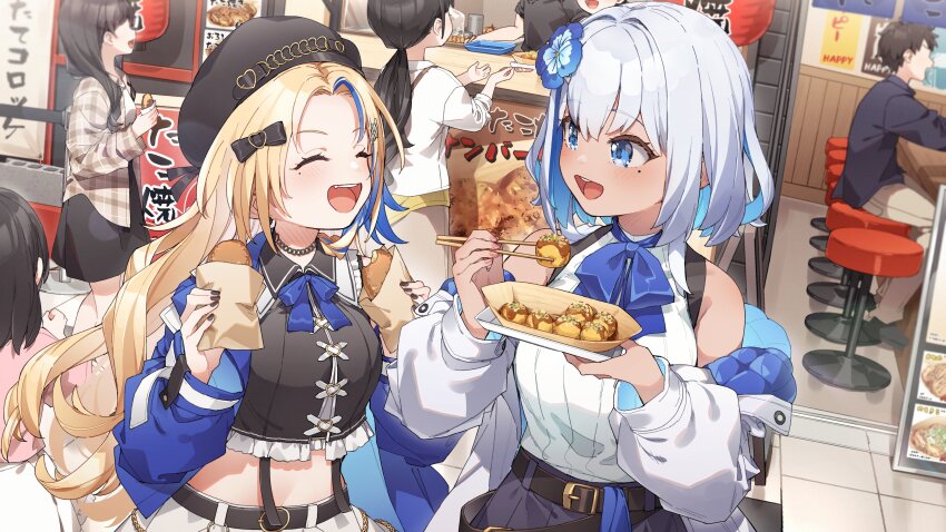 1boy 2others 5girls absurdres anjoya_ria bare_shoulders belt black_bow black_hair black_hat black_nails black_shirt black_skirt blonde_hair blue_bow blue_bowtie blue_eyes blue_hair blue_jacket blue_ribbon bow bowtie brown_belt chain chain_around_neck closed_eyes collared_shirt colored_inner_hair croquette cross-laced_clothes cross-laced_top dark-skinned_female dark_skin flower food frilled_shirt frills grey_hair hair_bow hair_flower hair_ornament hairclip hat highres holding holding_food indie_virtual_youtuber jacket jacket_partially_removed lantern leather_belt long_hair looking_at_another market_stall midriff mole mole_under_eye multicolored_hair multiple_girls multiple_others neck_ribbon open_mouth paper_lantern pleated_skirt ponytail quilted_jacket restaurant ribbon shirt short_hair skirt sleeveless sleeveless_shirt smile stool streaked_hair takoyaki teeth two-sided_fabric two-sided_jacket uchiera_iyona upper_teeth_only virtual_youtuber white_jacket white_shirt white_skirt yukie_(kusaka_shi)