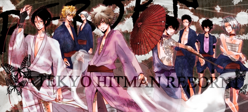 6+boys alternate_costume bad_id bad_pixiv_id bandages black_hair blonde_hair brown_hair bug butterfly dino dino_cavallone gokudera_hayato hibari_kyouya highres insect japanese_clothes katekyo_hitman_reborn! kimono lambo male_focus multiple_boys oil-paper_umbrella open_clothes rokudou_mukuro sasagawa_ryohei sawada_tsunayoshi sayo_(mutuha) tattoo umbrella white_hair yamamoto_takeshi