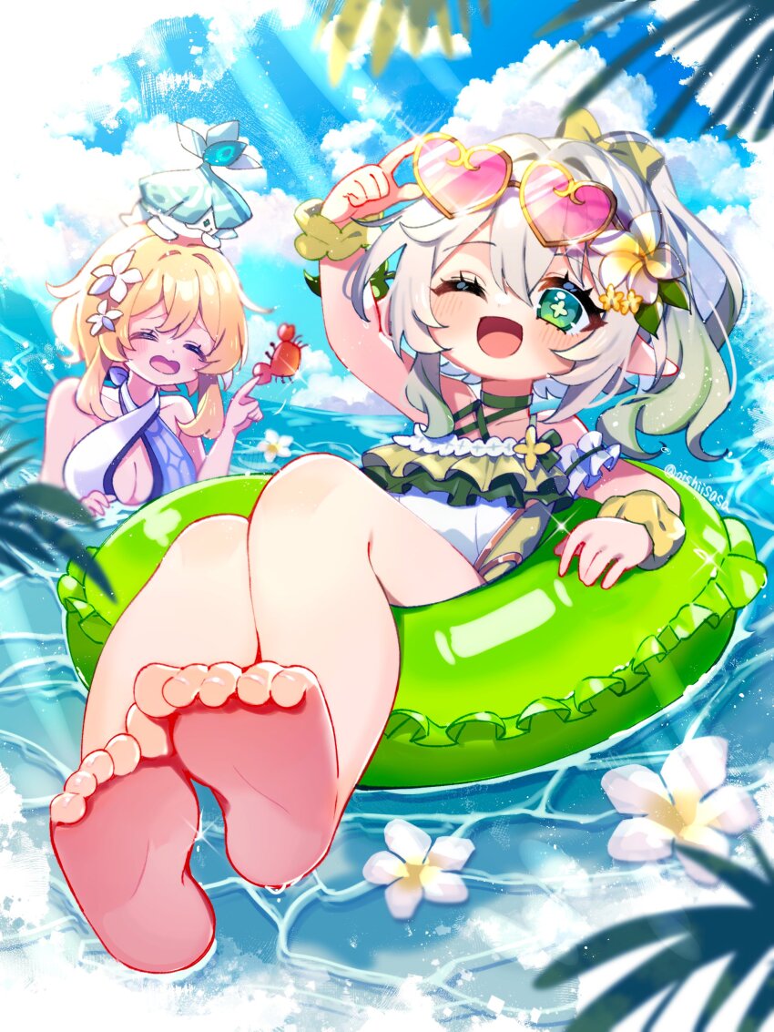 2girls ;d absurdres adjusting_eyewear alternate_costume arm_up bare_shoulders barefoot bikini blue_sky blush breasts cleavage closed_eyes cloud commentary_request day eyewear_on_head feet flower genshin_impact gradient_hair green_eyes green_hair green_innertube hair_flower hair_ornament heart heart-shaped_eyewear highres leaf_hair_ornament long_hair looking_at_viewer lumine_(genshin_impact) medium_breasts multicolored_hair multiple_girls nahida_(genshin_impact) oishii_sasa on_innertube one_eye_closed open_mouth outdoors pink-tinted_eyewear pointy_ears short_hair_with_long_locks sky smile star-shaped_pupils star_(symbol) sunlight swimsuit symbol-shaped_pupils tinted_eyewear toes water wet white_flower white_hair yellow-framed_eyewear