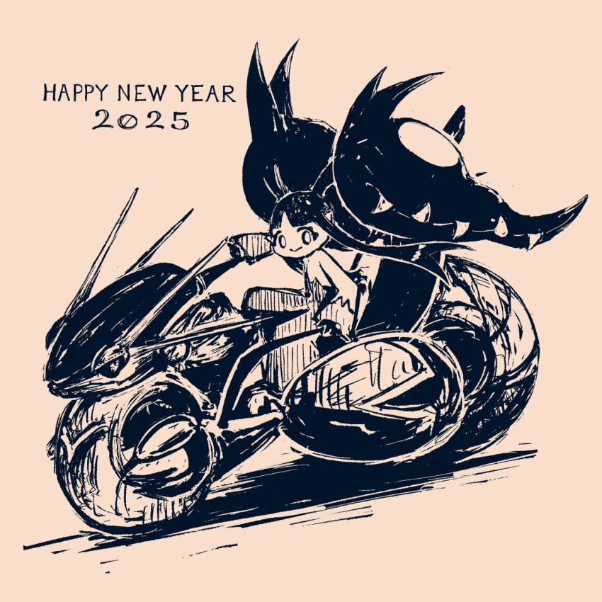 2025 commentary english_commentary gen_3_pokemon greyscale happy_new_year highres looking_at_viewer mawile mega_mawile mega_pokemon miraidon monochrome motor_vehicle motorcycle nanami_marron new_year nintendo on_motorcycle pokemon pokemon_(creature)