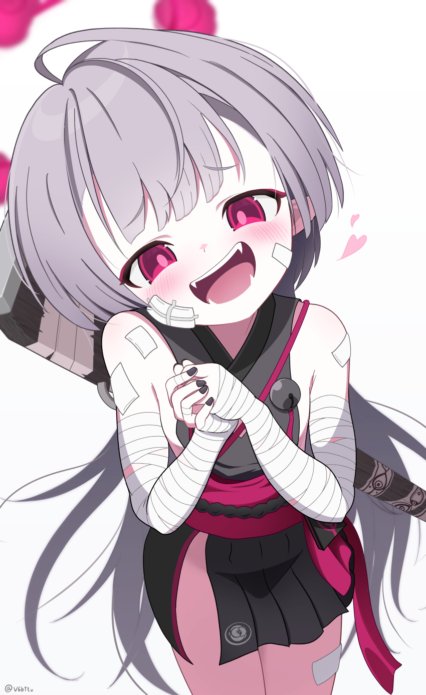 1girl absurdres bandaged_arm bandaged_hand bandages bandaid bandaid_on_cheek bandaid_on_face bandaid_on_shoulder bandaid_on_thigh bare_shoulders bell black_nails blue_archive blush commentary_request cowboy_shot dot_nose dress fangs gauze gauze_on_cheek grey_hair gun gun_on_back halo head_tilt heart highres japanese_clothes jingle_bell loli long_hair looking_at_viewer open_mouth own_hands_together purple_eyes red_halo shuro_(blue_archive) sideless_kimono sideless_outfit simple_background sleeveless sleeveless_dress smile solo standing teeth thighs twitter_username very_long_hair walker-0083 weapon weapon_on_back white_background