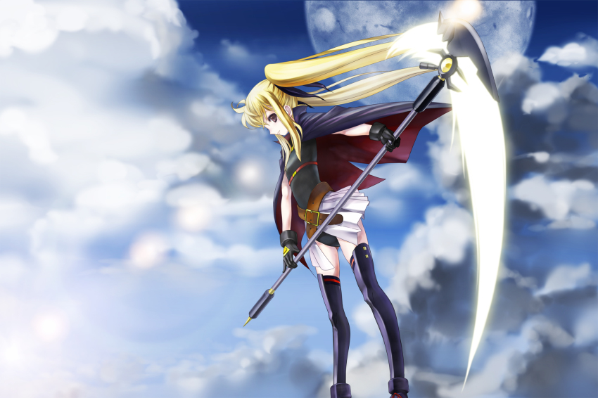 00s 1girl bad_id bad_pixiv_id bardiche_(nanoha) bardiche_(scythe_form)_(nanoha) belt black_thighhighs blonde_hair brown_eyes cape cloud fate_testarossa fate_testarossa_(movie_1st_form) female_focus gloves hair_ribbon highres leotard long_hair lyrical_nanoha mahou_shoujo_lyrical_nanoha moon outdoors ribbon rin2008 skirt sky solo thighhighs twintails