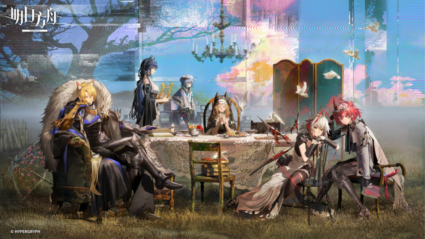 2boys 4girls ahoge animal_ears archetto_(arknights) archetto_(glory_of_the_devout)_(arknights) arknights bird blonde_hair cantabile_(arknights) cantabile_(bard_by_the_lake)_(arknights) chair fiammetta_(arknights) fiammetta_(judgment_day)_(arknights) food fruit grey_hair hands_up harp hat headgear highres instrument mizuki_(a_player_forever)_(arknights) mizuki_(arknights) mlynar_(arknights) mlynar_(roar_against_the_wild)_(arknights) multiple_boys multiple_girls nun official_art on_chair orange_eyes red_eyes red_hair screen sitting table tail umbrella w_(arknights) white_bird wings wis&#039;adel_(arknights) wis&#039;adel_(supernova)_(arknights)