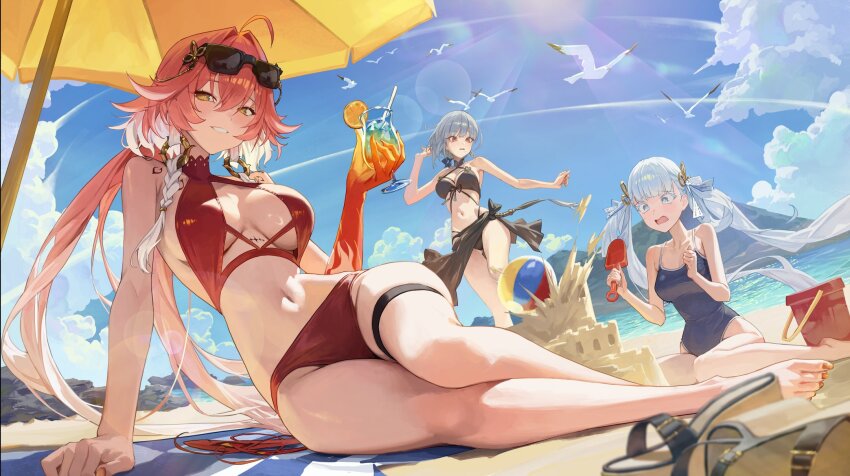 ahoge alternate_costume arm_support ball bare_legs bare_shoulders barefoot beach beach_towel beach_umbrella beachball bikini black_bikini black_sarong blue_one-piece_swimsuit blue_sky body_markings bow braid breasts bucket changli_(wuthering_waves) cleavage colored_extremities commentary_request cup day drinking_glass drinking_straw eyewear_on_head feather_hair feet food fruit grey_hair hair_between_eyes hair_bow hair_extensions hair_intakes hand_up highres holding holding_cup holding_shovel jinhsi_(wuthering_waves) korean_commentary large_breasts legs long_hair looking_at_another looking_at_viewer lying m.q_(mqkyrie) mole mole_on_cheek multicolored_hair multiple_hair_bows navel ocean on_side one-piece_swimsuit orange_(fruit) orange_slice outdoors parted_lips pink_hair red_bikini red_eyes red_hands ring_hair_extensions sand sand_castle sand_sculpture sanhua_(wuthering_waves) sarong school_swimsuit shovel sitting sky smile stomach sunglasses swimsuit tacet_mark_(wuthering_waves) thigh_strap thighs toenails toes towel twin_braids two-tone_hair umbrella very_long_hair wariza white_bow white_eyes white_hair wuthering_waves yellow_eyes